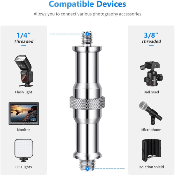 NEEWER ST22 STANDARD 14″ TO 38″ METAL MALE CONVERTER THREADED SCREW ADPATER SPIGOT STUD ST22 (10100323) (3) Neewer ST22 Standard 1/4" To 3/8" Metal Male Converter Threaded Screw Adpater Spigot Stud (10100323) En Tunisie