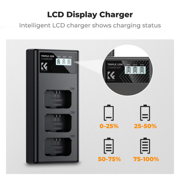 K&F Concept NP-FW50 Three Slot Battery Charger with LCD screen HTN K&F Concept NP-FW50 Three Slot Battery Charger with LCD screen (KF28.0060) – Au meilleur prix en Tunisie