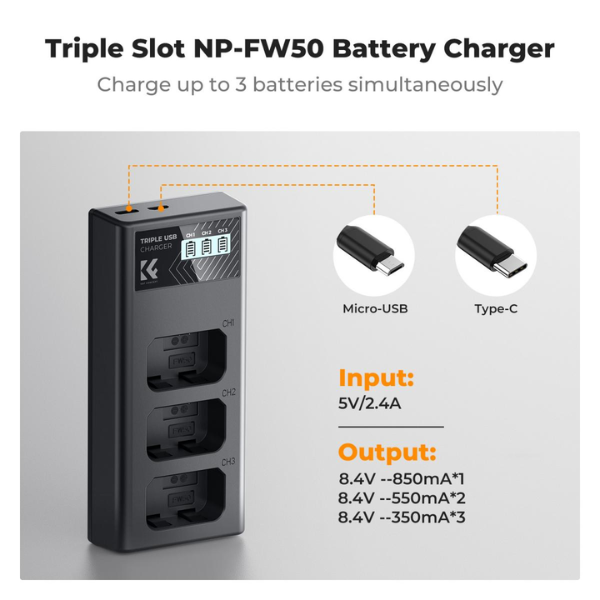 K&F Concept NP-FW50 Three Slot Battery Charger with LCD screen HTN K&F Concept NP-FW50 Three Slot Battery Charger with LCD screen En Tunisie