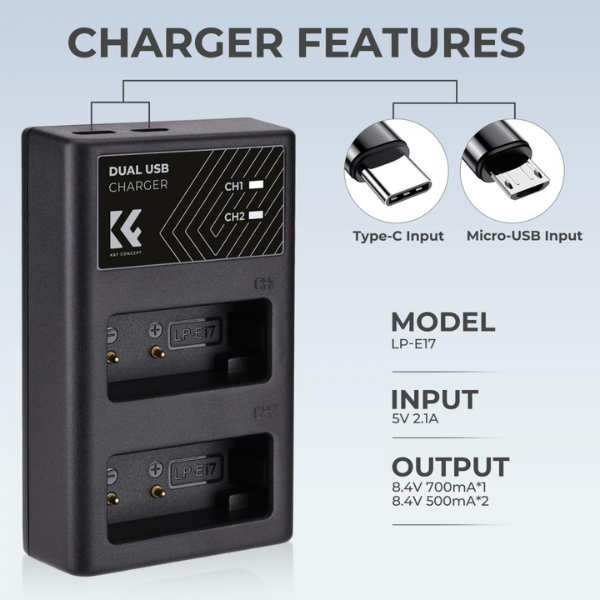 K&F Concept LP-E17 Dual Slot Quick Charger avec câble Type-C HTN K&F Concept LP-E17 Dual Slot Quick Charger avec câble Type-C En Tunisie