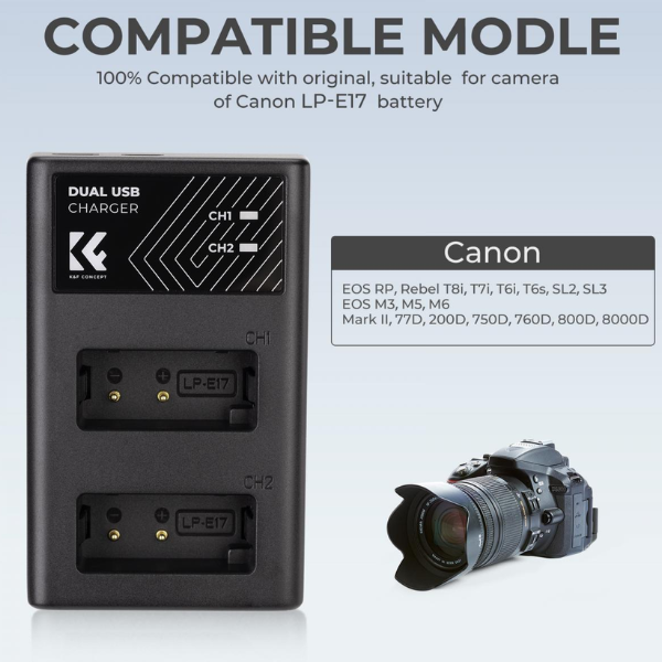 K&F Concept LP-E17 Dual Slot Quick Charger avec câble Type-C HTN K&F Concept LP-E17 Dual Slot Quick Charger avec câble Type-C En Tunisie