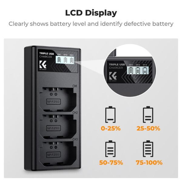 K&F Concept NP-FZ100 Three Slot Battery Charger avec écran LCD HTN K&F Concept NP-FZ100 Three Slot Battery Charger avec écran LCD En Tunisie